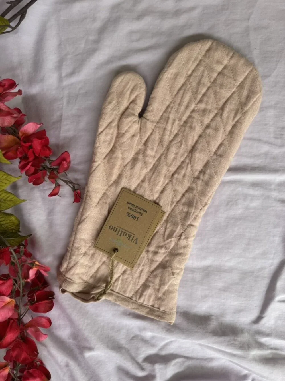 Vikolino Mauve Pink Linen Quilted Oven Glove Machine Washable 12.5